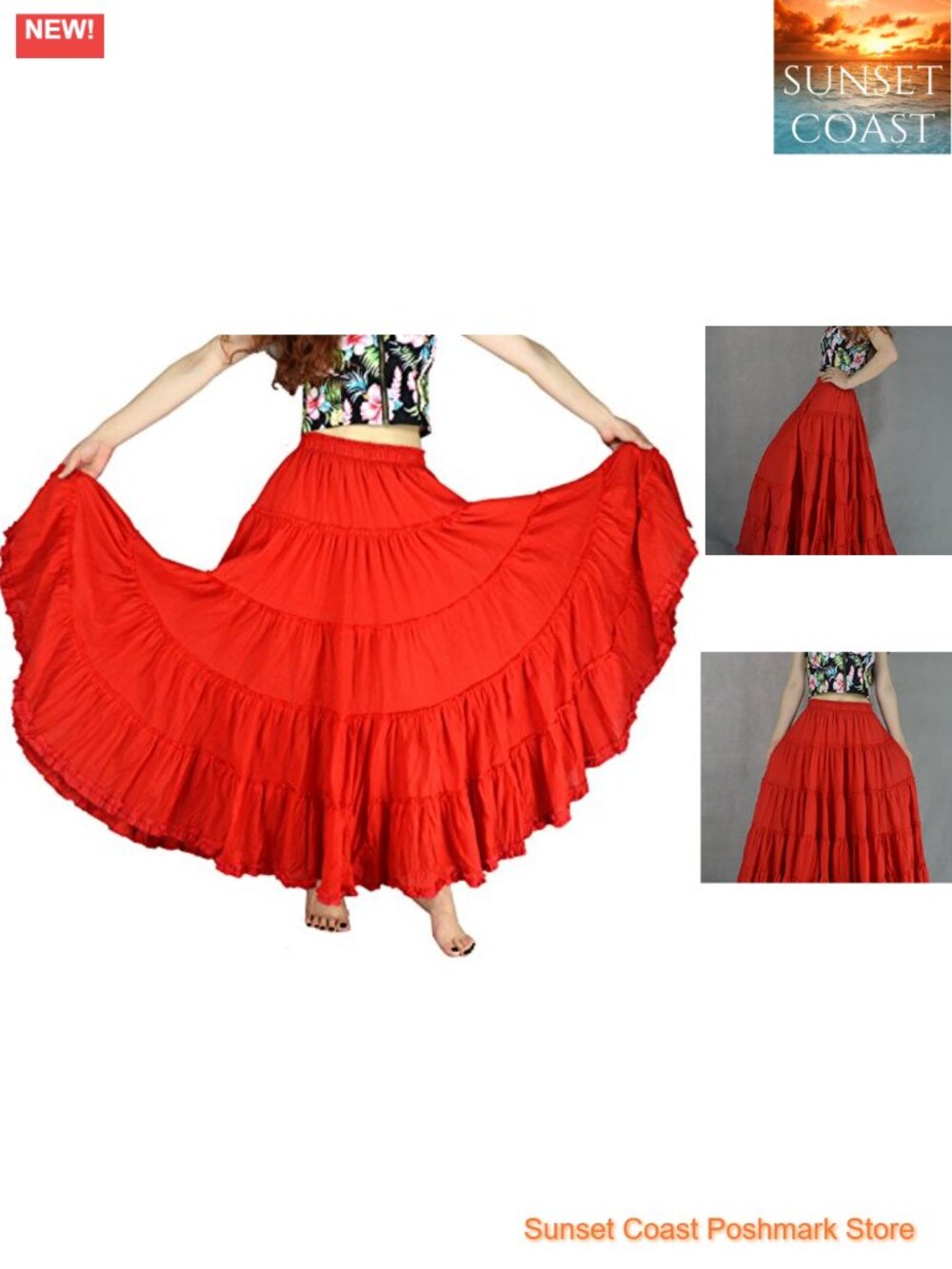 Cotton 5 Tiered A Line Pleated Maxi Skirt Long Boho Gypsy Dance Skirt